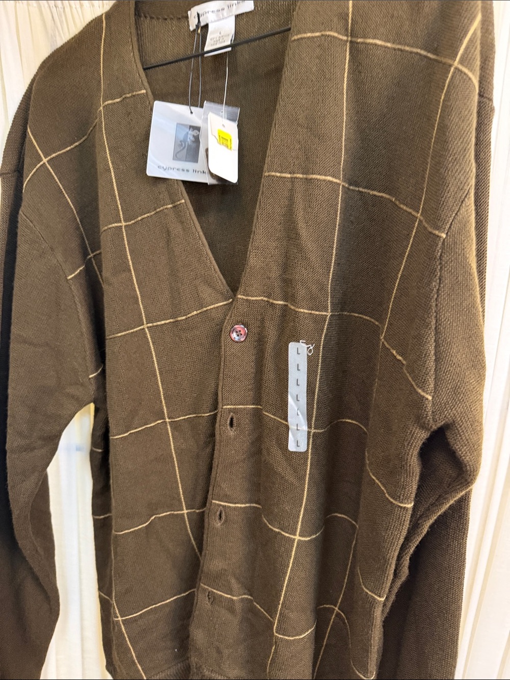 Cypress Links Men's Brown Windowpane V-Neck Cardigan - Lightweight Knit LG